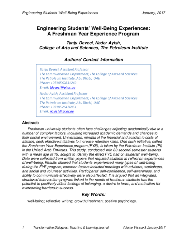 (PDF) Engineering Students' Well-Being Experiences: A Freshman Year ...