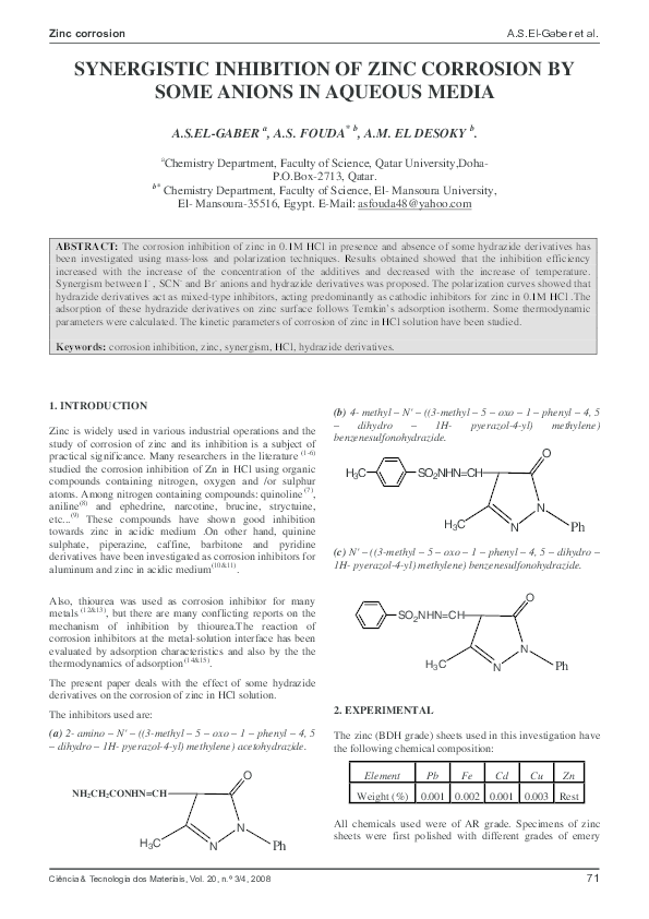 (PDF) SYNERGISTIC INHIBITION OF ZINC CORROSION BY SOME ANIONS IN