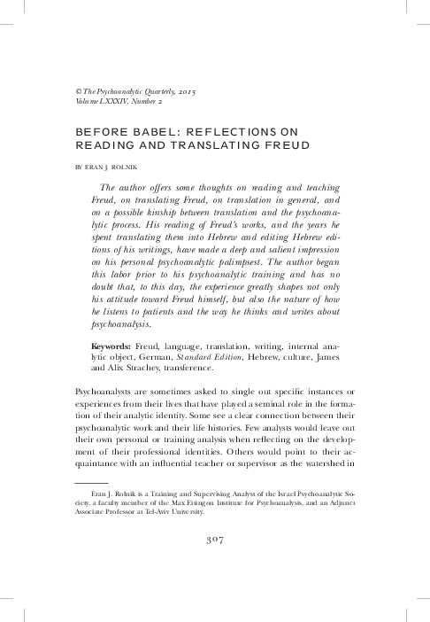 (PDF) BEFORE BABEL: REFLECTIONS ON READING AND TRANSLATING FREUD