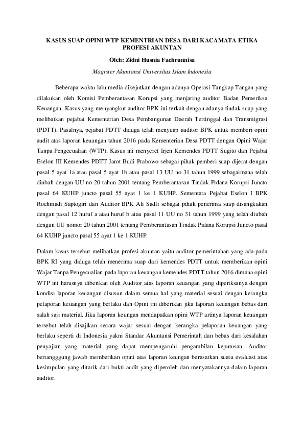 Doc Kasus Suap Opini Wtp Kementrian Desa Dari Kacamata Etika Profesi Akuntan Zidni Husnia Academia Edu