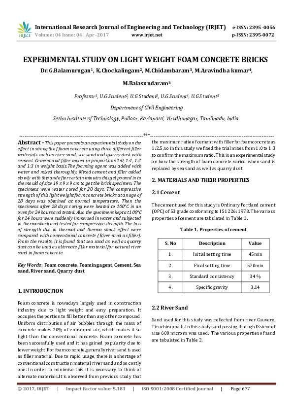 (PDF) EXPERIMENTAL STUDY ON LIGHT WEIGHT FOAM CONCRETE BRICKS IRJET