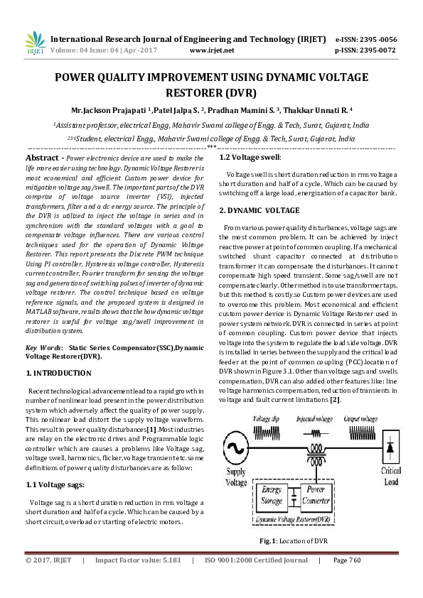 (PDF) POWER QUALITY IMPROVEMENT USING DYNAMIC VOLTAGE RESTORER (DVR