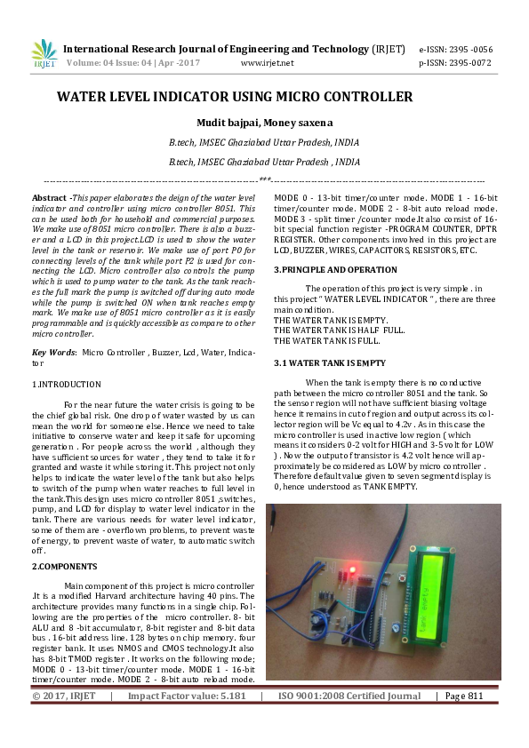 (PDF) WATER LEVEL INDICATOR USING MICRO CONTROLLER