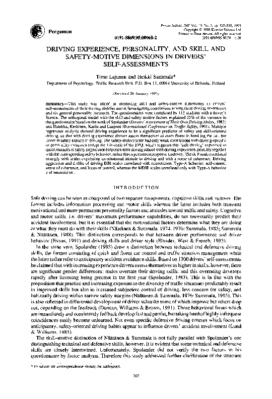 Pdf Driving Experience Personality And Skill And Safety Motive