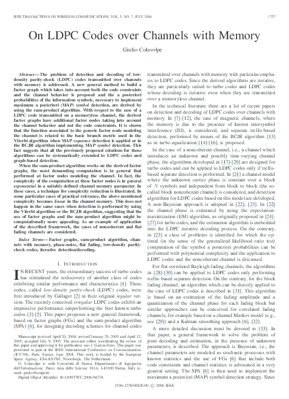 (PDF) LDPC codes over channels with memory