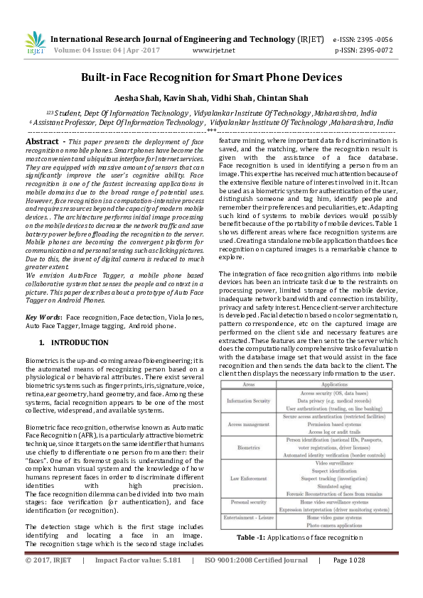 (PDF) Built-in Face Recognition for Smart Phone Devices