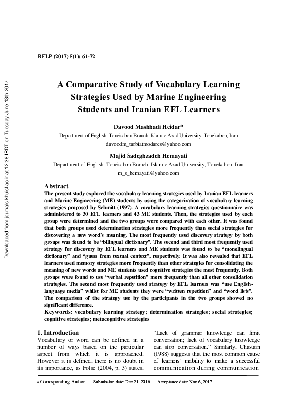 (PDF) A Comparative Study of Vocabulary Learning Strategies Used by ...
