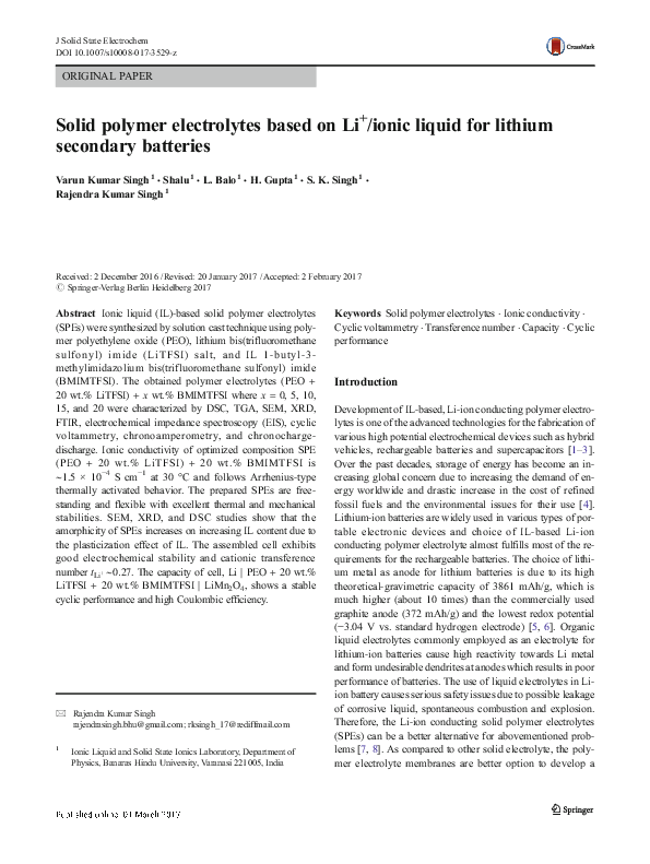 (PDF) Solid polymer electrolytes based on Li + /ionic liquid for ...