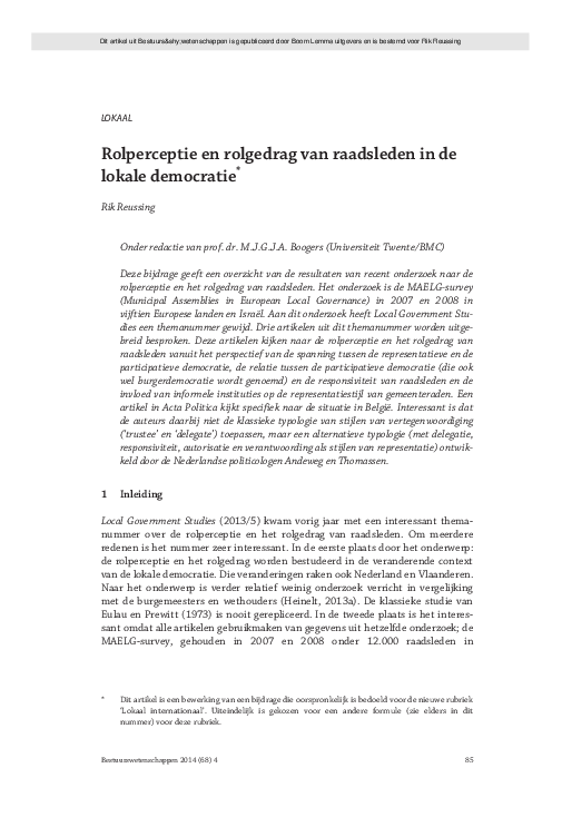 (PDF) Rolperceptie en rolgedrag van raadsleden in de lokale democratie