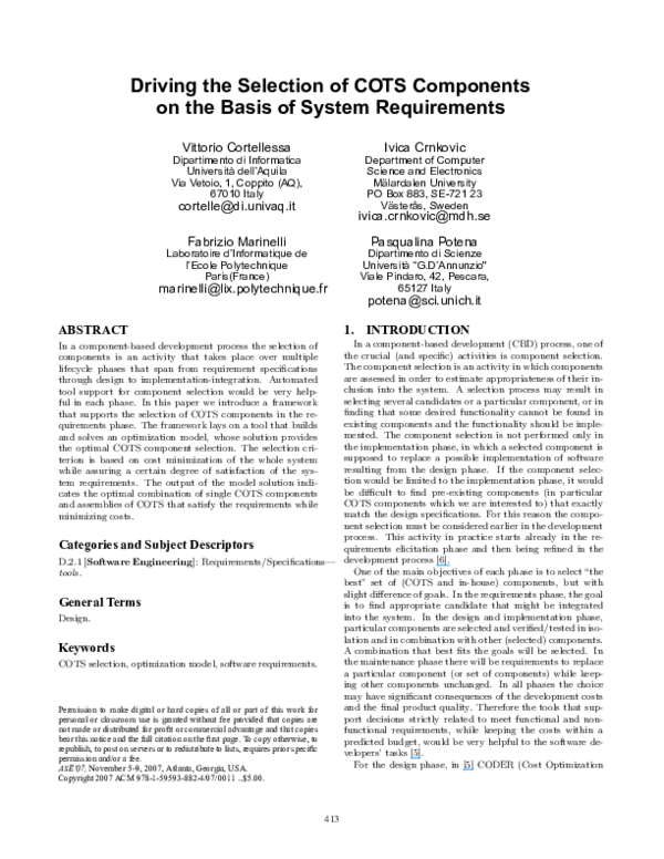 (PDF) Driving the selection of cots components on the basis of system