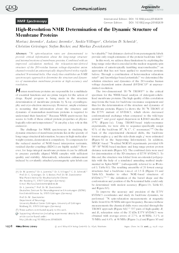 (PDF) High-Resolution NMR determination of the dynamic structure of ...