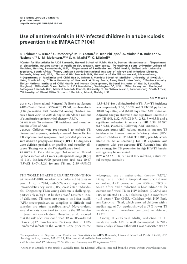 (PDF) Use of antiretrovirals in HIV-infected children in a tuberculosis ...