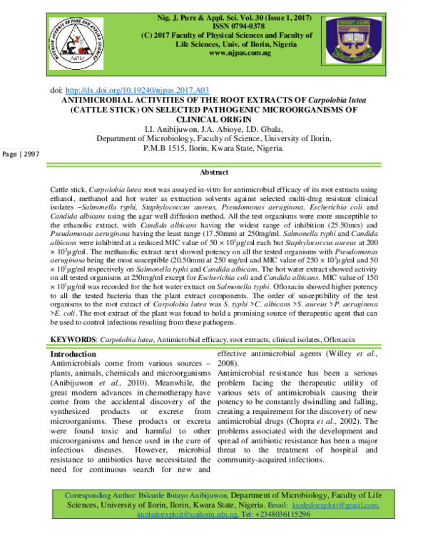 (PDF) ANTIMICROBIAL ACTIVITIES OF THE ROOT EXTRACTS OF Carpolobia lutea ...