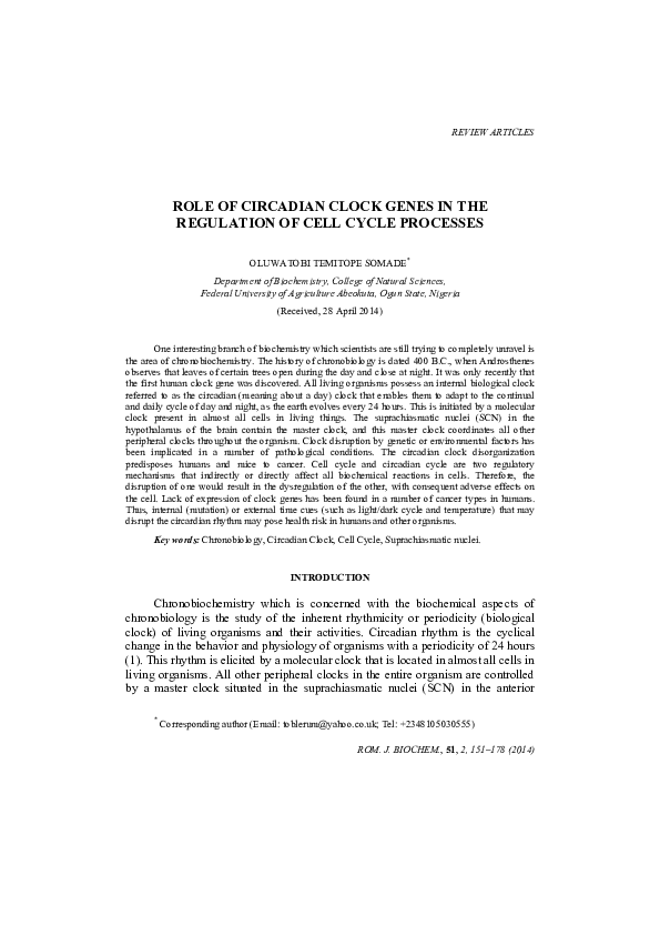 (PDF) ROLE OF CIRCADIAN CLOCK GENES IN THE REGULATION OF CELL CYCLE