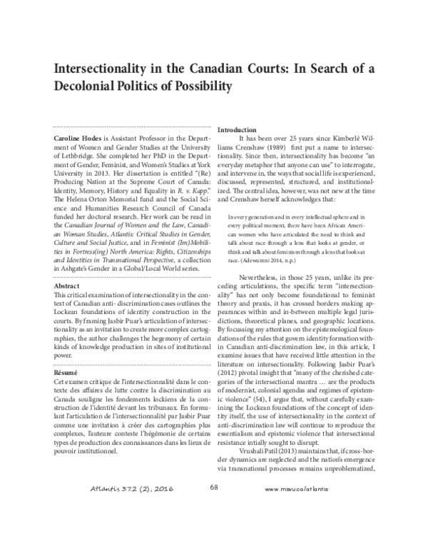 (PDF) Intersectionality in the Canadian Courts: In Search of a ...