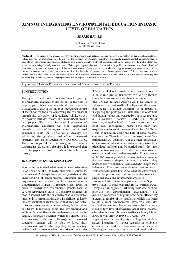 (PDF) AIMS OF INTEGRATING ENVIRONMENTAL EDUCATION IN BASIC LEVEL OF ...