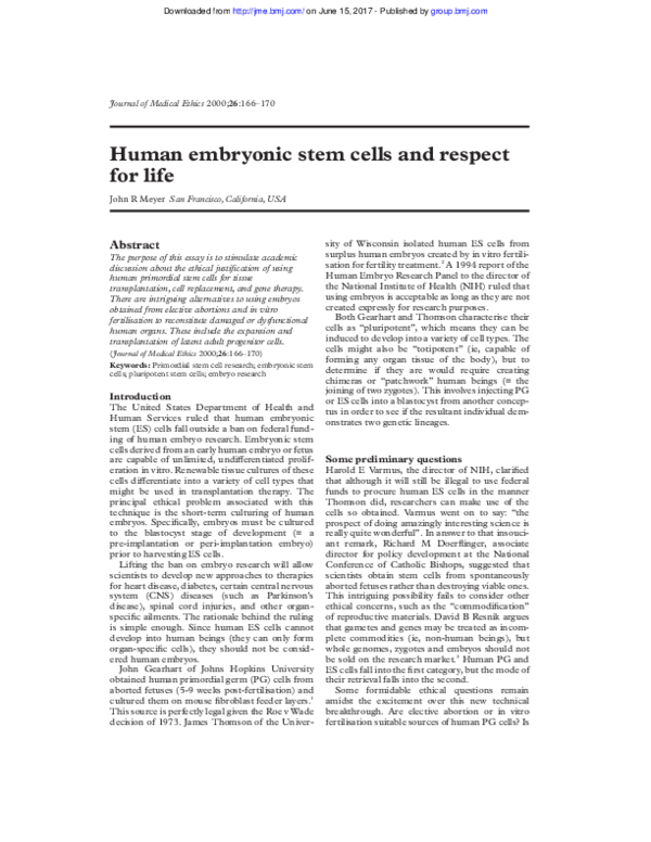 (PDF) Human embryonic stem cells and respect for life