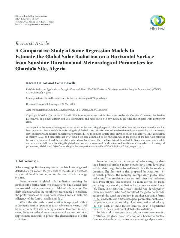 (PDF) A Comparative Study of Some Regression Models to Estimate the ...