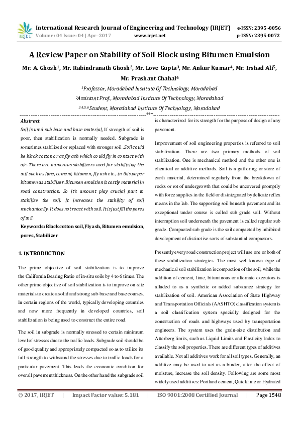 (PDF) A Review Paper on Stability of Soil Block using Bitumen Emulsion