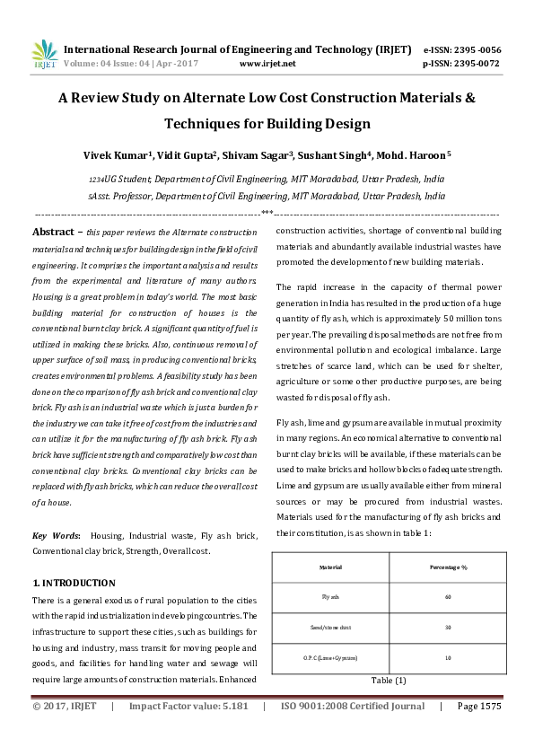 PDF) A Review Study on Alternate Low Cost Construction Materials 