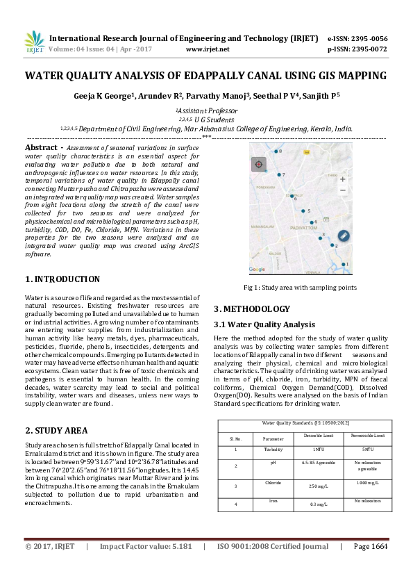 (PDF) WATER QUALITY ANALYSIS OF EDAPPALLY CANAL USING GIS MAPPING