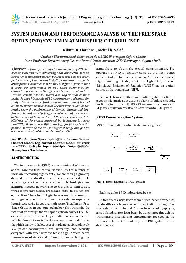 (PDF) SYSTEM DESIGN AND PERFORMANCE ANALYSIS OF THE FREE SPACE OPTICS ...