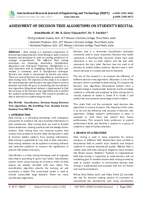 (PDF) ASSESSMENT OF DECISION TREE ALGORITHMS ON STUDENT'S RECITAL