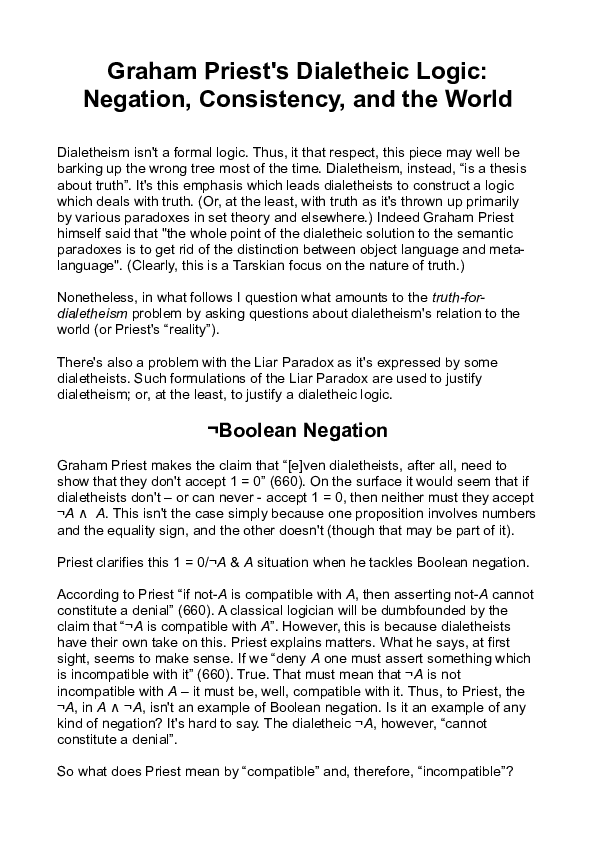 (DOC) Graham Priest's Dialetheic Logic: Negation, Consistency, and the ...