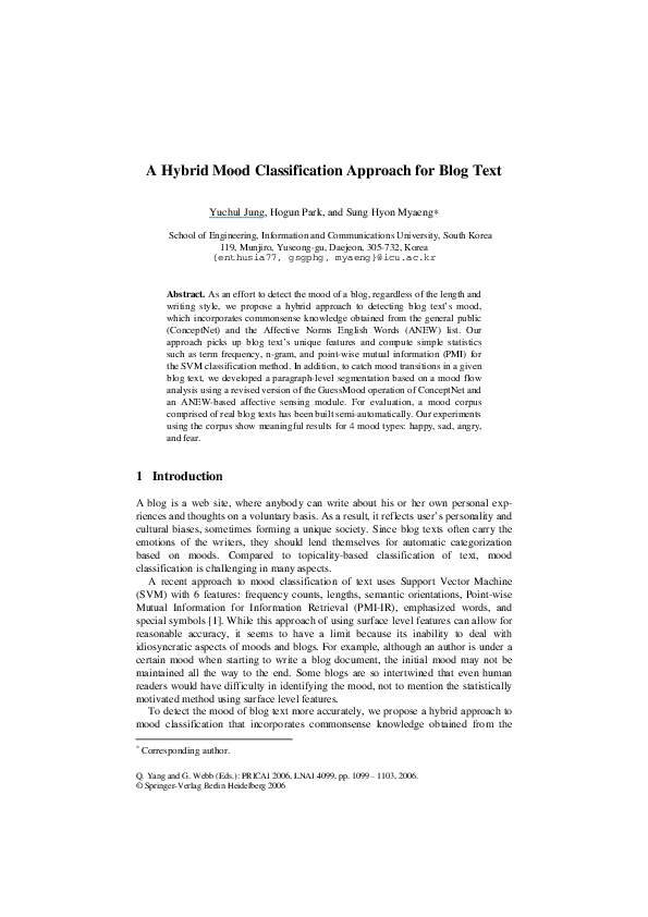 (PDF) A Hybrid Mood Classification Approach for Blog Text