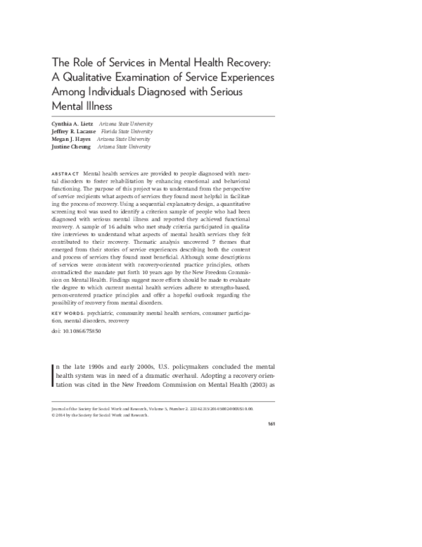 (PDF) The Role of Services in Mental Health Recovery: A Qualitative ...