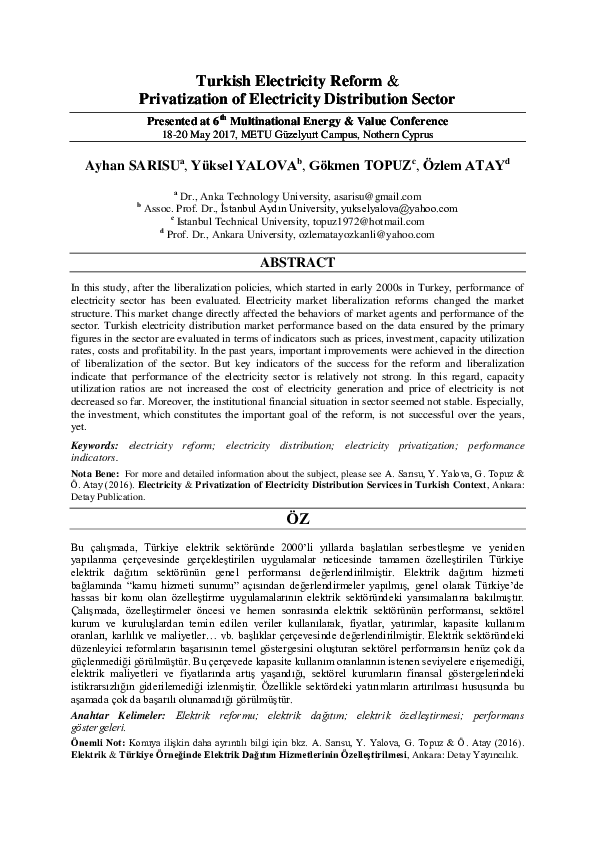 (PDF) TURKISH ELECTRICITY REFORM & PRIVATIZATION of ELECTRICITY ...