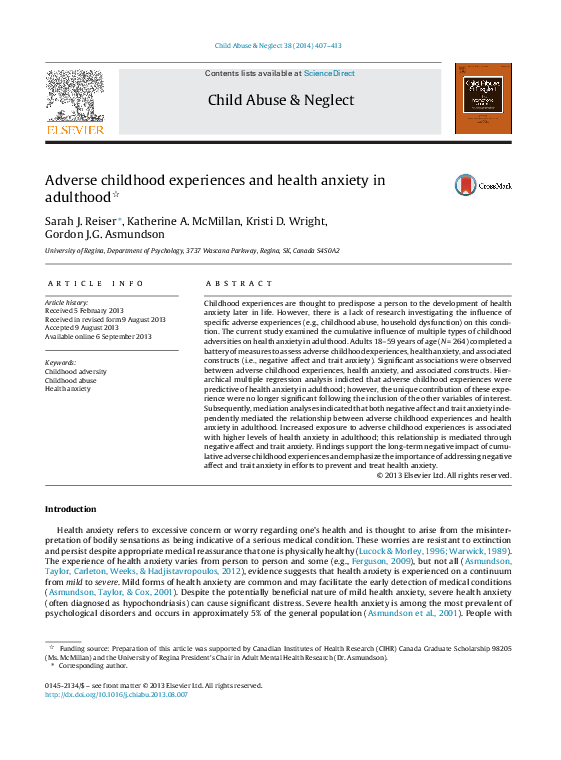 (PDF) Adverse childhood experiences and health anxiety in adulthood