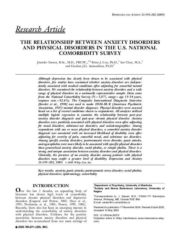 (PDF) The relationship between anxiety disorders and physical disorders ...