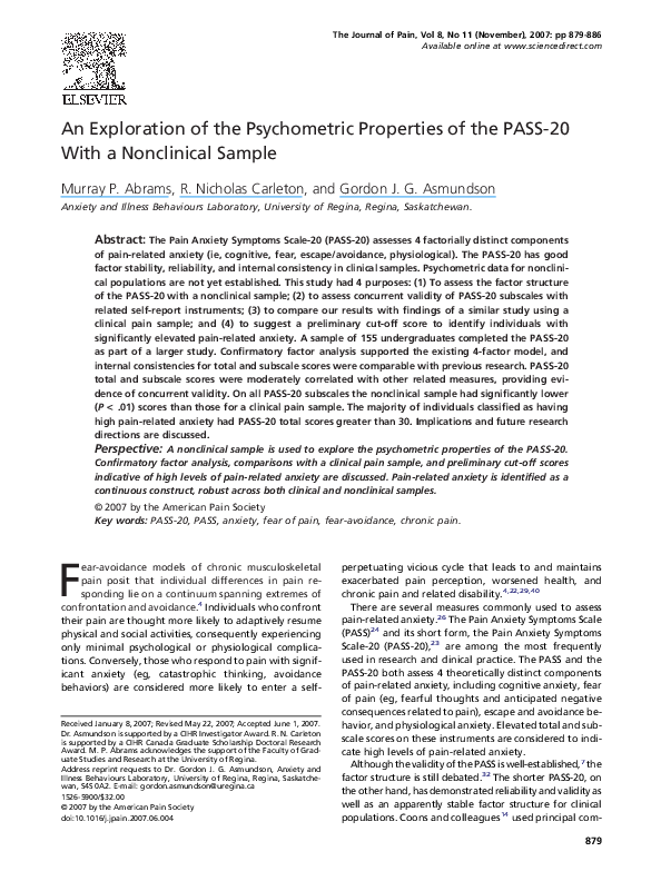 (PDF) An Exploration of the Psychometric Properties of the PASS20 With ...