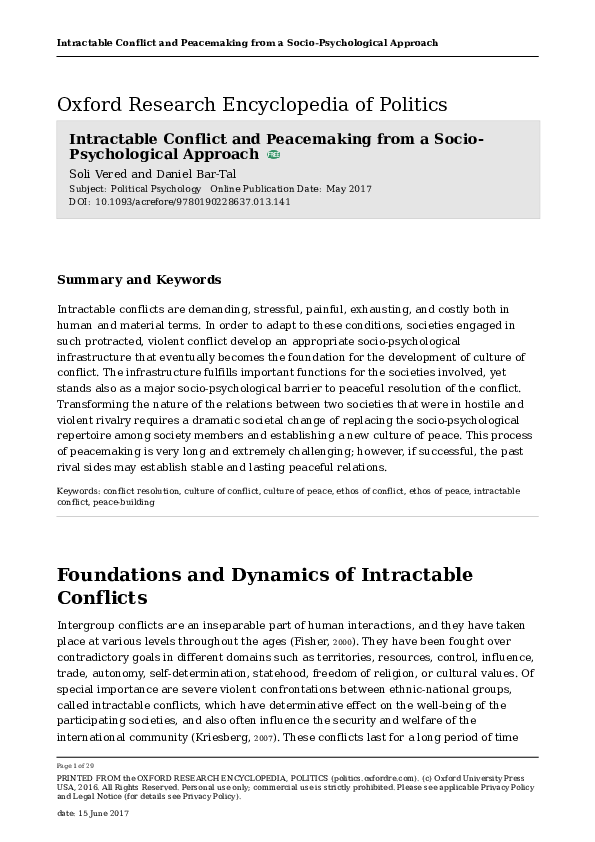 (PDF) Intractable Conflict and Peacemaking from a Socio-Psychological ...