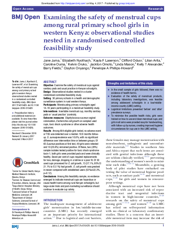(PDF) Juma et al 2017 menstrual cup safety study Kenya Penelope