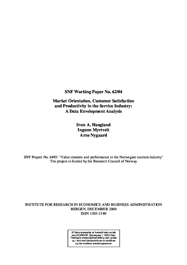 (PDF) SNF Working Paper No. 62/04 Market Orientation, Customer ...