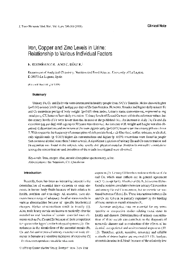 (PDF) Iron, Copper and Zinc Levels in Urine Relationship to Various