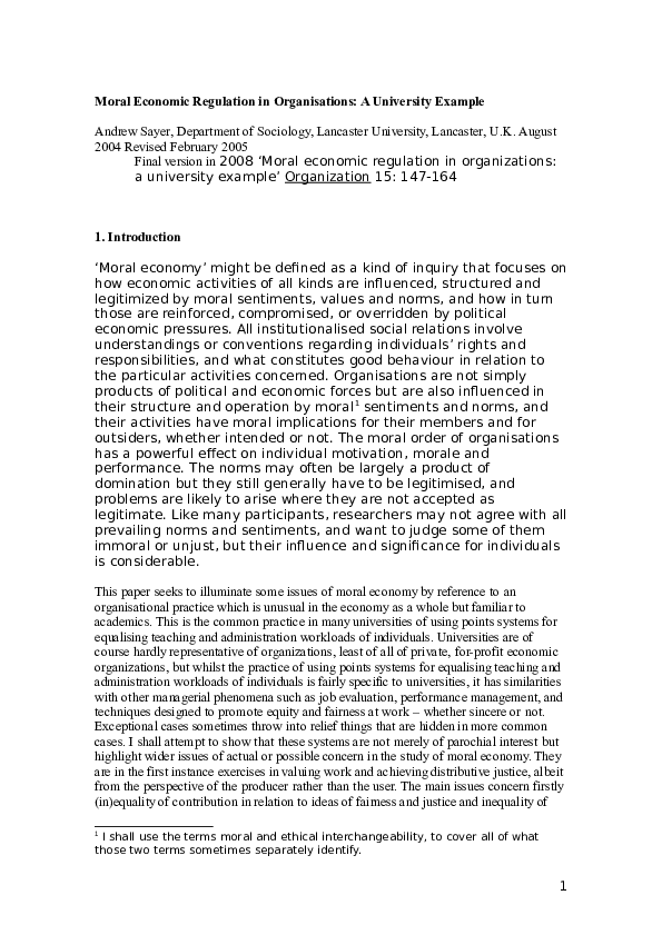 (DOC) Moral Economic Regulation in Organisations a University Example