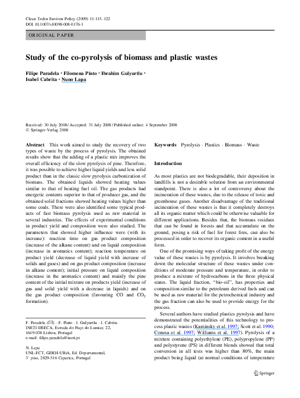 (PDF) Study of the co-pyrolysis of biomass and plastic wastes
