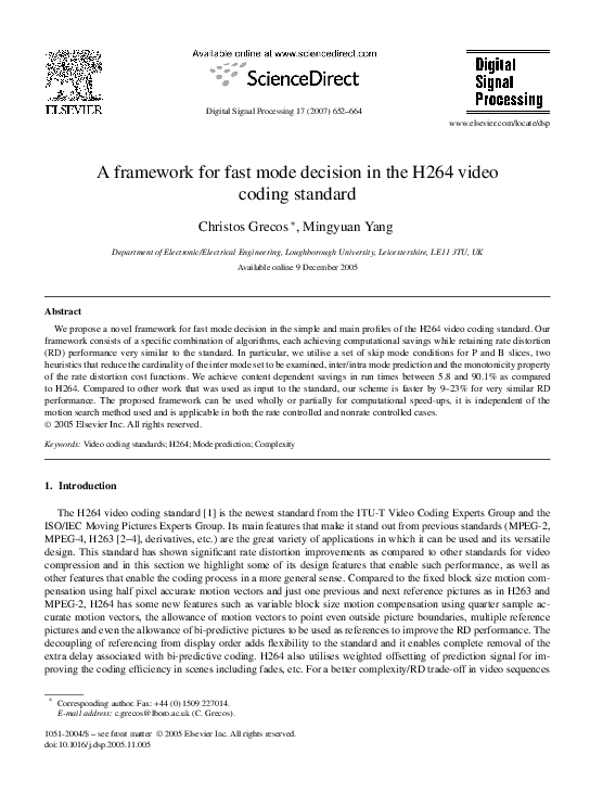(PDF) A framework for fast mode decision in the H264 video coding standard
