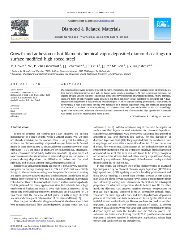 (PDF) Growth and adhesion of hot filament chemical vapor deposited diamond coatings on surface
