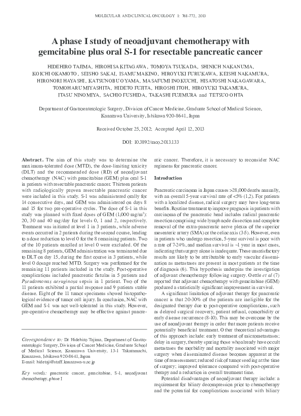 (PDF) Pilot study of neoadjuvant chemotherapy with gemcitabine and oral ...