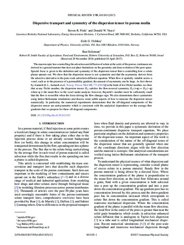 (PDF) Dispersive transport and symmetry of the dispersion tensor in ...