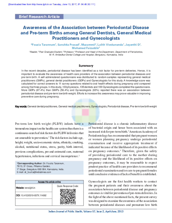(PDF) Awareness of the Association between Periodontal Disease and Pre ...