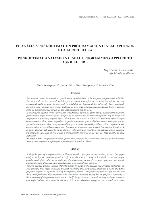 (PDF) EL ANÁLISIS POST-OPTIMAL EN PROGRAMACIÓN LINEAL APLICADA A LA ...