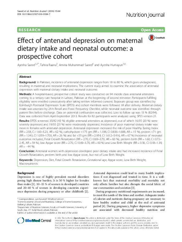 (PDF) Effect of antenatal depression on maternal dietary intake and ...