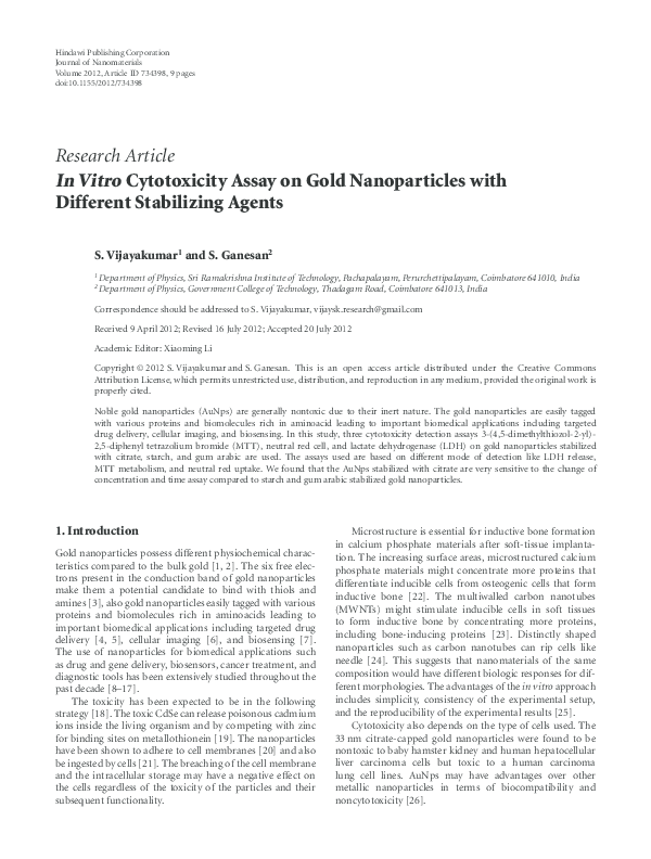 (PDF) In Vitro Cytotoxicity Assay on Gold Nanoparticles with Different ...