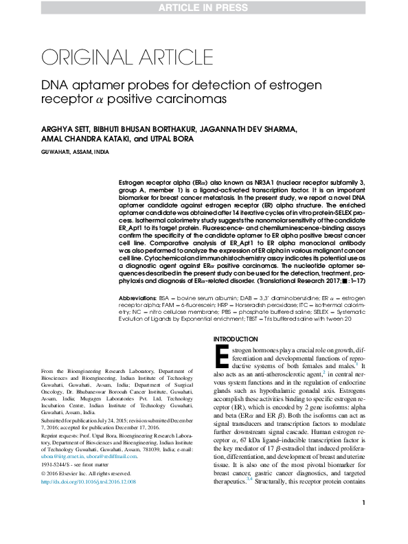 (PDF) DNA aptamer probes for detection of estrogen receptor a positive ...