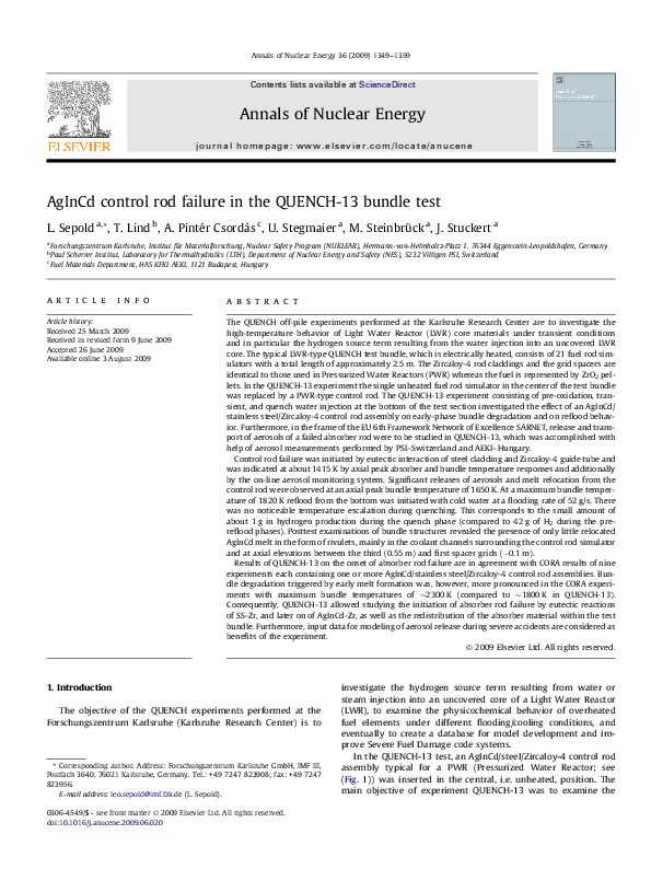 (PDF) AgInCd control rod failure in the QUENCH-13 bundle test